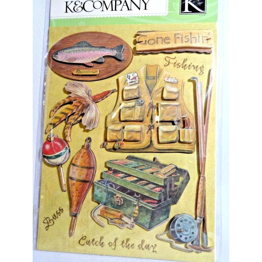 K & Company Gone Fishing 3-D Fly Fishing Scrapbook Stickers 8-Piece Gone Fishin'
